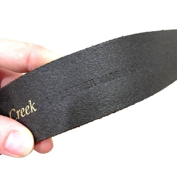 Coldwater Creek leather belt round brass tooled buckle Size L brown boho western - Picture 8 of 9